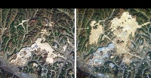 Imagini din satelit cu Shiyan, China, în 2010 (stânga) şi 2012 (dreapta), după ce mai multe piscuri au fost aplatizate