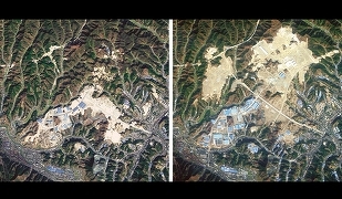 Imagini din satelit cu Shiyan, China, în 2010 (stânga) şi 2012 (dreapta), după ce mai multe piscuri au fost aplatizate 